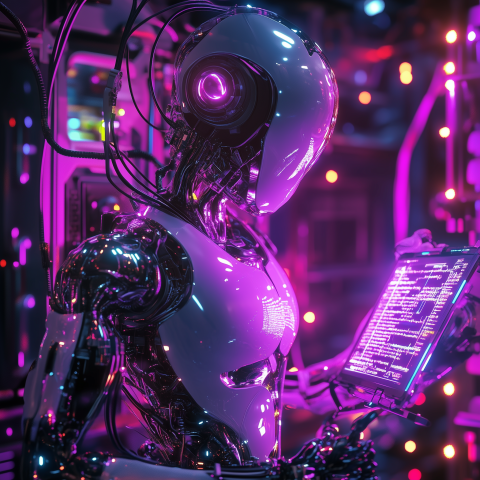 Futuristic Robot Holding Holographic Screen