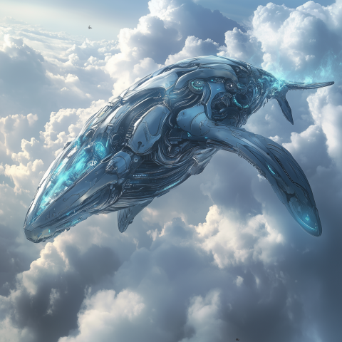 Futuristic Robotic Whale Flying Among Clouds