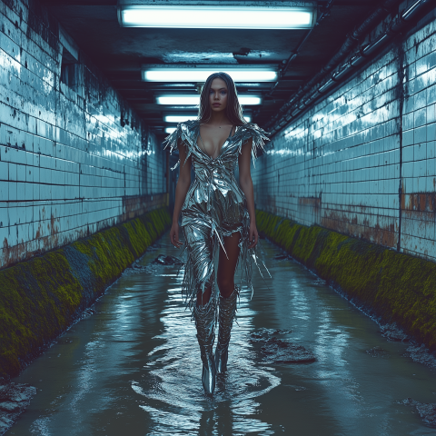 Futuristic Runway Model in Metallic Outfit