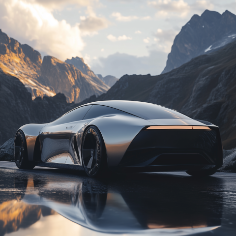 Futuristic Silver Supercar in Mountain Landscape