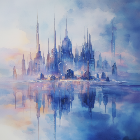 Futuristic Skyline Reflected on Water