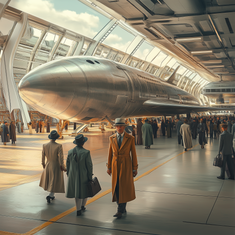 Futuristic Terminal with Retro Dressed Travelers