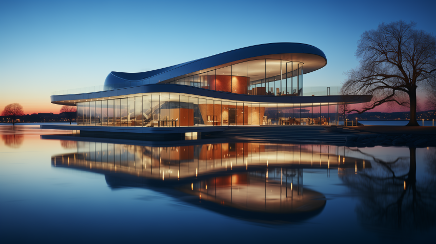 Futuristic Waterfront Glass House at Night
