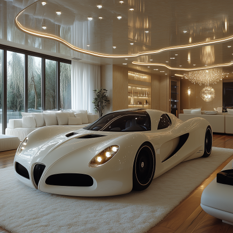 Futuristic White Supercar in Luxury Living Room