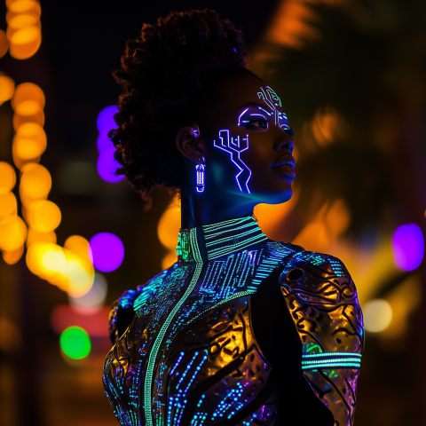 Futuristic Woman in Neon Circuit Attire