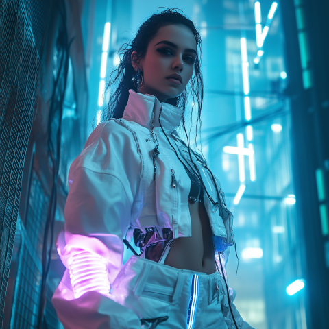 Futuristic Woman in Neon Lit Alley