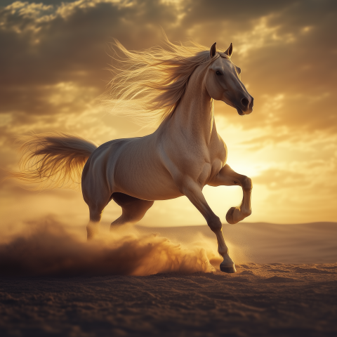 Galloping Horse in Golden Desert Sunset