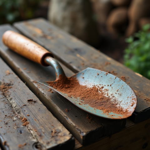 Garden Trowel with Soil on Wooden Table