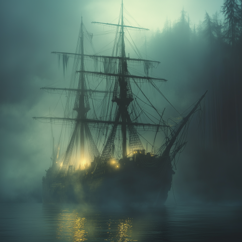 Ghost Ship Glowing in Foggy Forest Waters