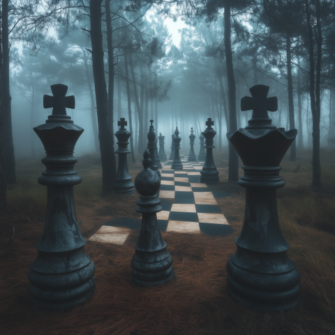 Giant Chess Pieces in Foggy Forest