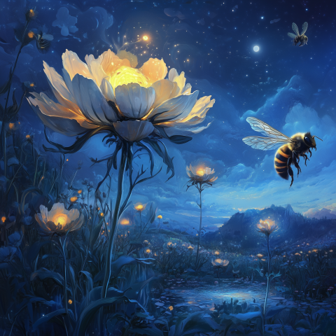 Giant Glowing Flowers with Bees at Night