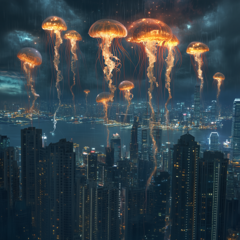 Giant Glowing Jellyfish Over Cityscape