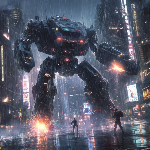 Giant Mech in Rainy Neon City Battle