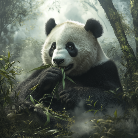 Giant Panda Eating Bamboo in Misty Forest