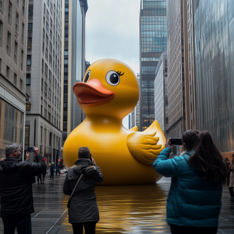 Giant Rubber Duck Display in City Street
