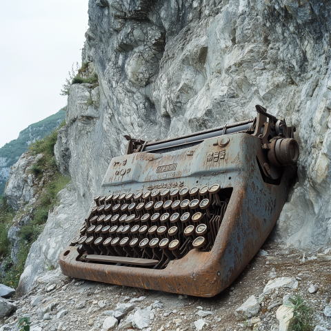 Giant Rusted Typewriter Embedded in Cliffside
