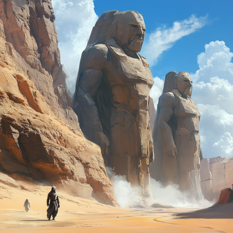 Gigantic Stone Statues in Desert Canyon
