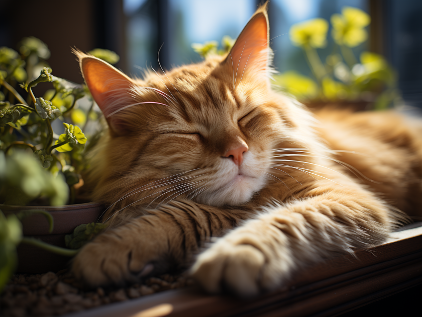 Ginger Cat Sleeping Among Houseplants