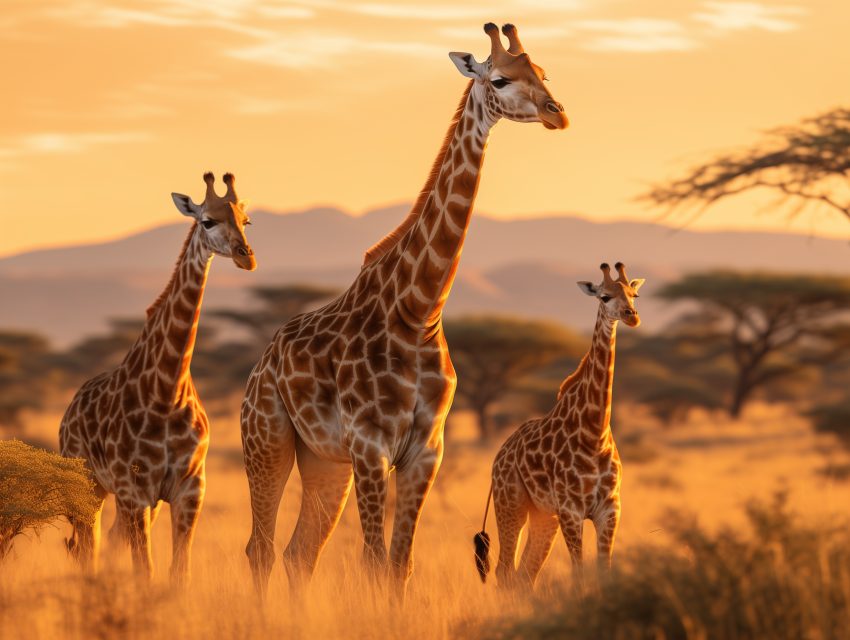 Giraffe Family Grazing on the Plains