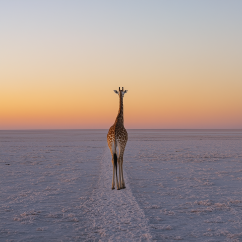 Giraffe Walking Alone Across Salt Flat