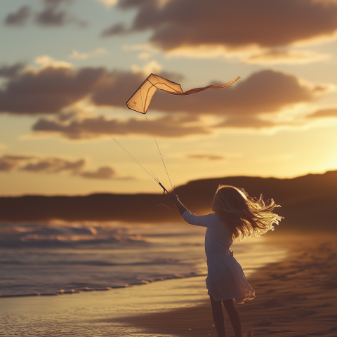 Girl Flying Kite on Beach at Sunset