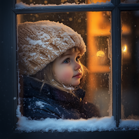 Girl Gazing Out Icy Window in Winter