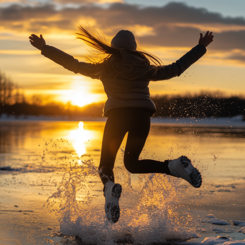 Girl Jumping in Ice Water at Sunset