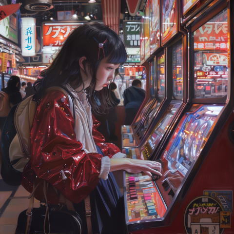Girl Playing Arcade Games in Neon-Lit Gaming Center