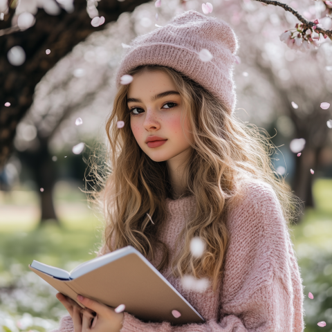 Girl Reading Under Blossoming Cherry Trees