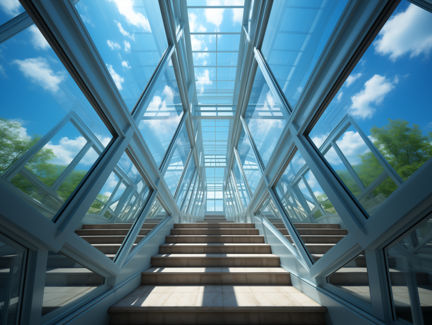 Glass-Enclosed Staircase with Sky Reflections