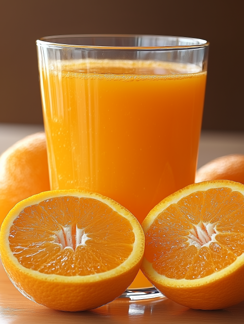 Glass of Fresh Orange Juice with Halved Oranges