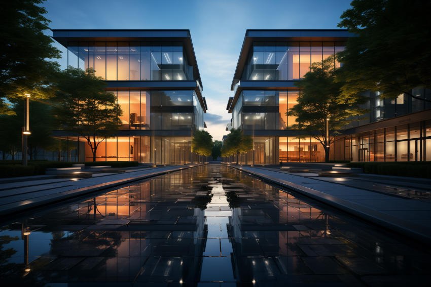 Identical Glass Buildings Reflected in Water
