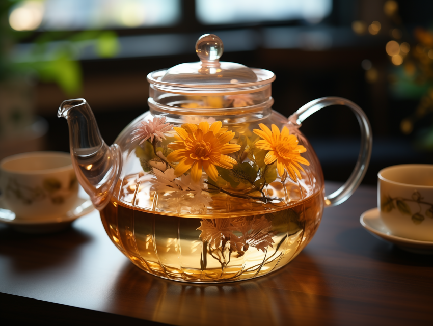 Glass Teapot with Floating Chrysanthemum Flowers