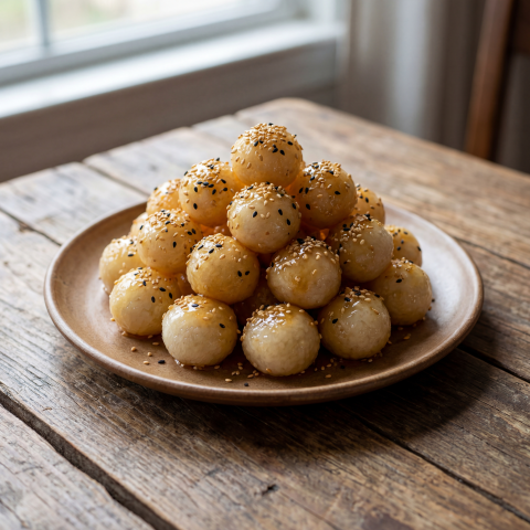 Glistening Sweet Rice Balls with Honey Glaze on Rustic Table