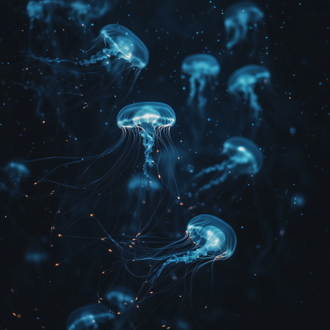 Glowing Blue Jellyfish in Dark Ocean