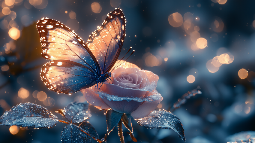 Glowing Butterfly on Dew-Covered Pink Rose