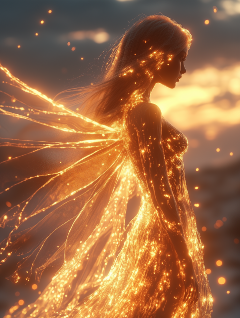 Glowing Fairy in Fiery Sunset Light