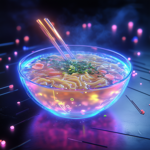 Glowing Futuristic Ramen Bowl with Chopsticks