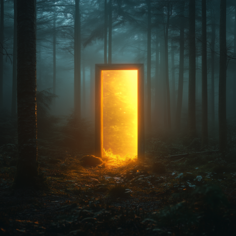Glowing Golden Door in Dark Forest