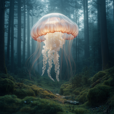 Glowing Jellyfish Floating in Forest