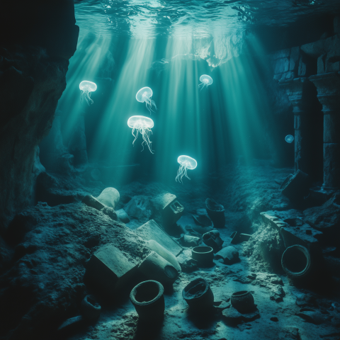 Glowing Jellyfish in Ancient Underwater Ruins