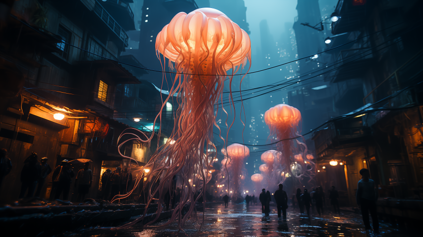 Glowing Jellyfish in Cyberpunk Alley