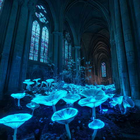 Glowing Mushrooms Bloom in Gothic Cathedral