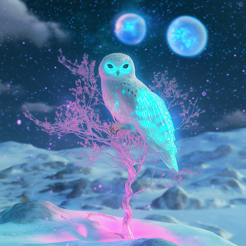 Glowing Owl on Alien Winter Planet