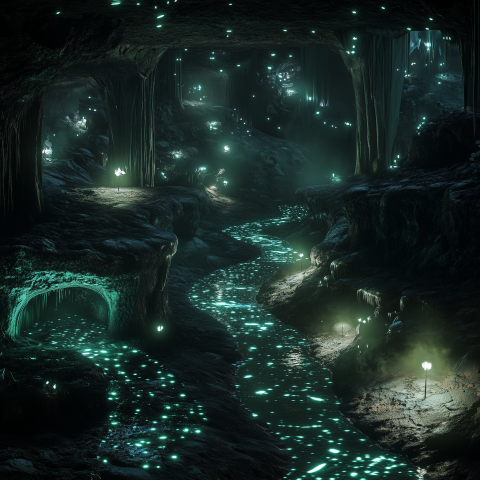 Glowing River in Underground Cave
