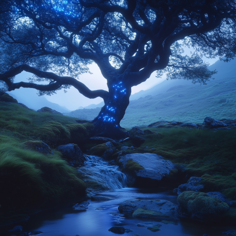 Glowing Tree Beside Mountain Stream