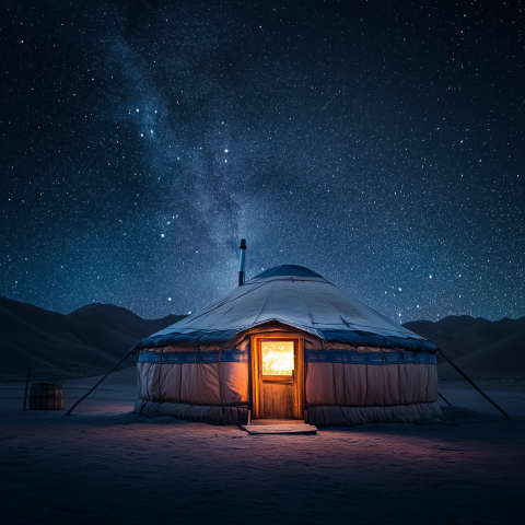 Glowing Yurt Under Star-Filled Sky