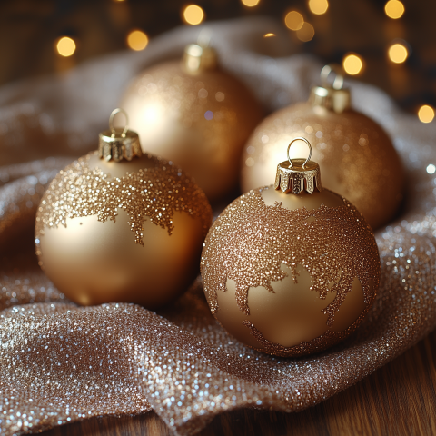 Gold Glitter Christmas Ornaments on Fabric