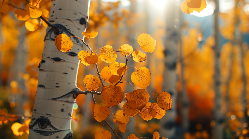 Golden Aspen Leaves in Autumn Forest