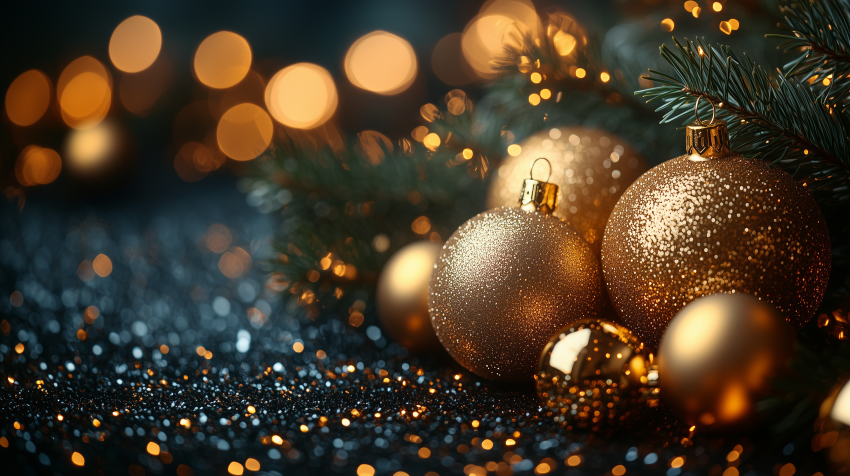 Golden Christmas Ornaments with Holiday Lights